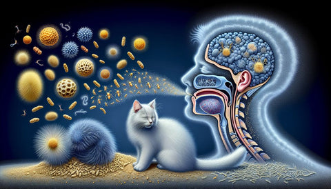 Illustration of allergens like pollen, dust, and pet dander